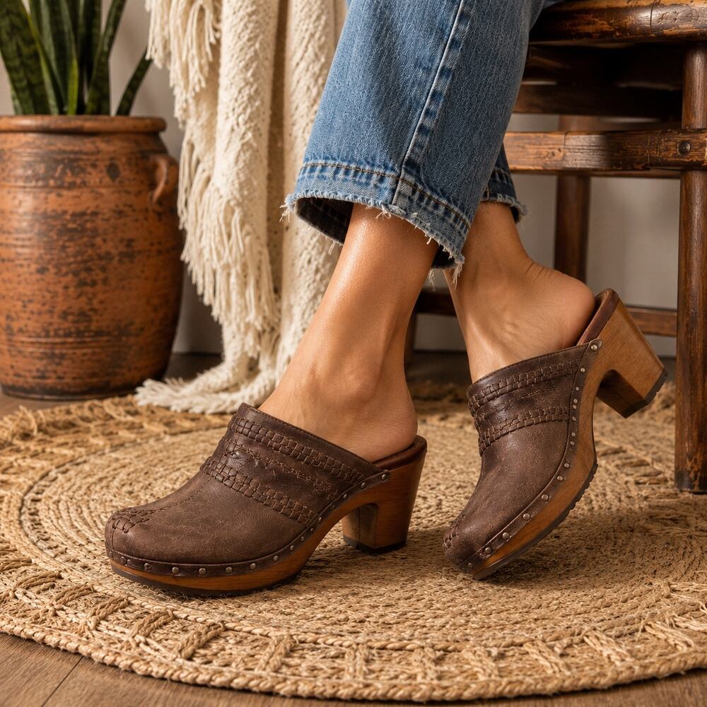 UGG Australia Vivica Brown Leather Woven Wood Heel Clogs Size 6